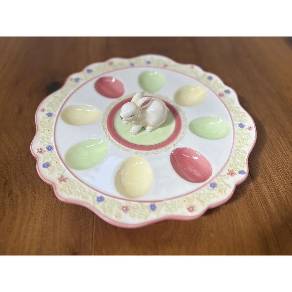 Easter Bunny Deviled Egg Plate Pastel Spring Platter 8 Eggs  11.5